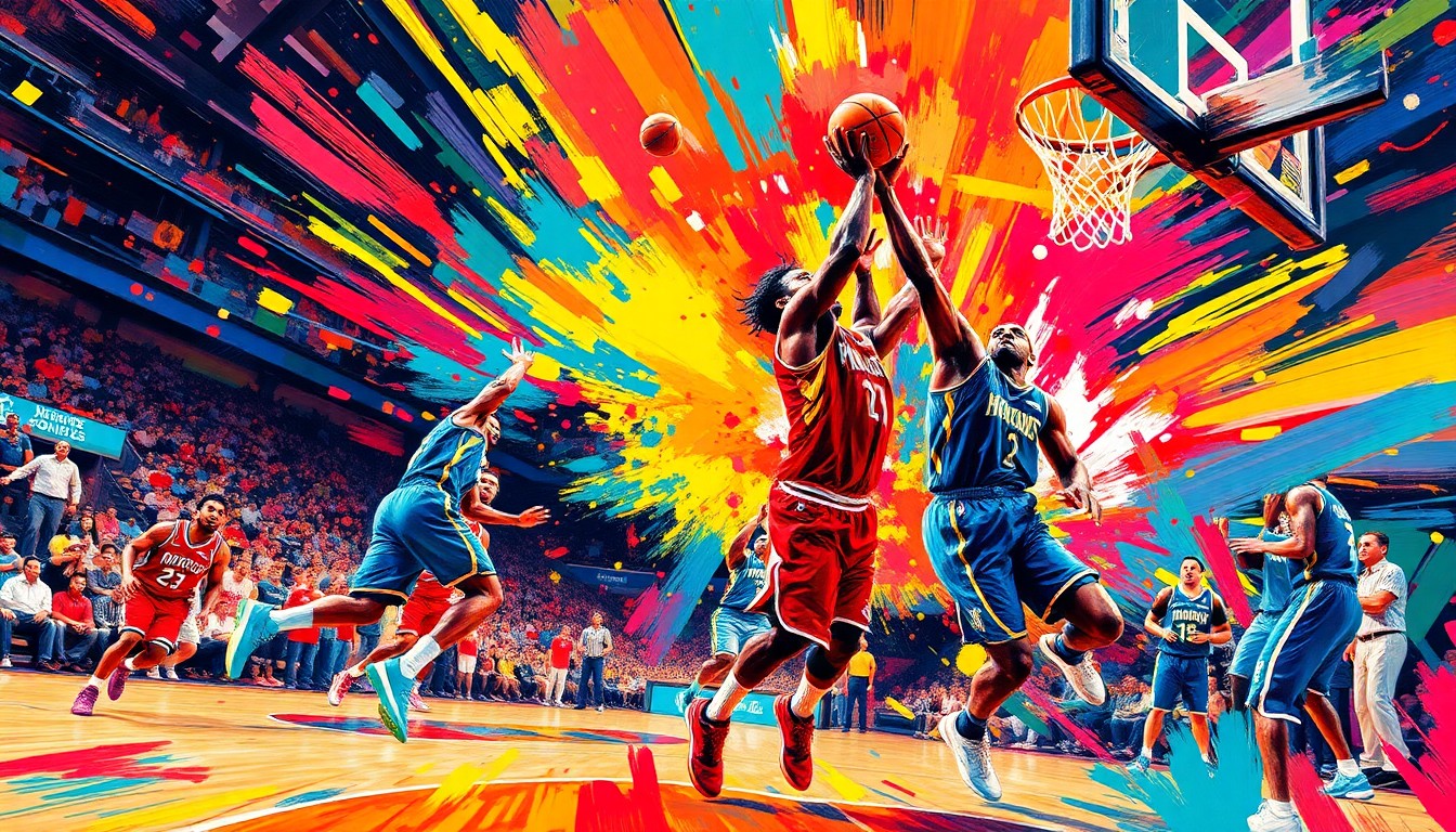 A vibrant, expressionist painting depicting the intense energy and motion of a basketball game, with players' figures and the ball blending into a colorful, abstract composition of neon brushstrokes.