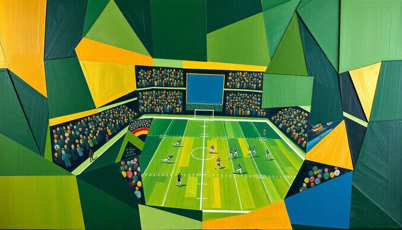 A cubist, geometric painting depicting a fragmented football field with players and equipment broken down into sharp, overlapping planes of green, gold, and navy blue, conveying the complex salary cap challenges facing the Green Bay Packers.