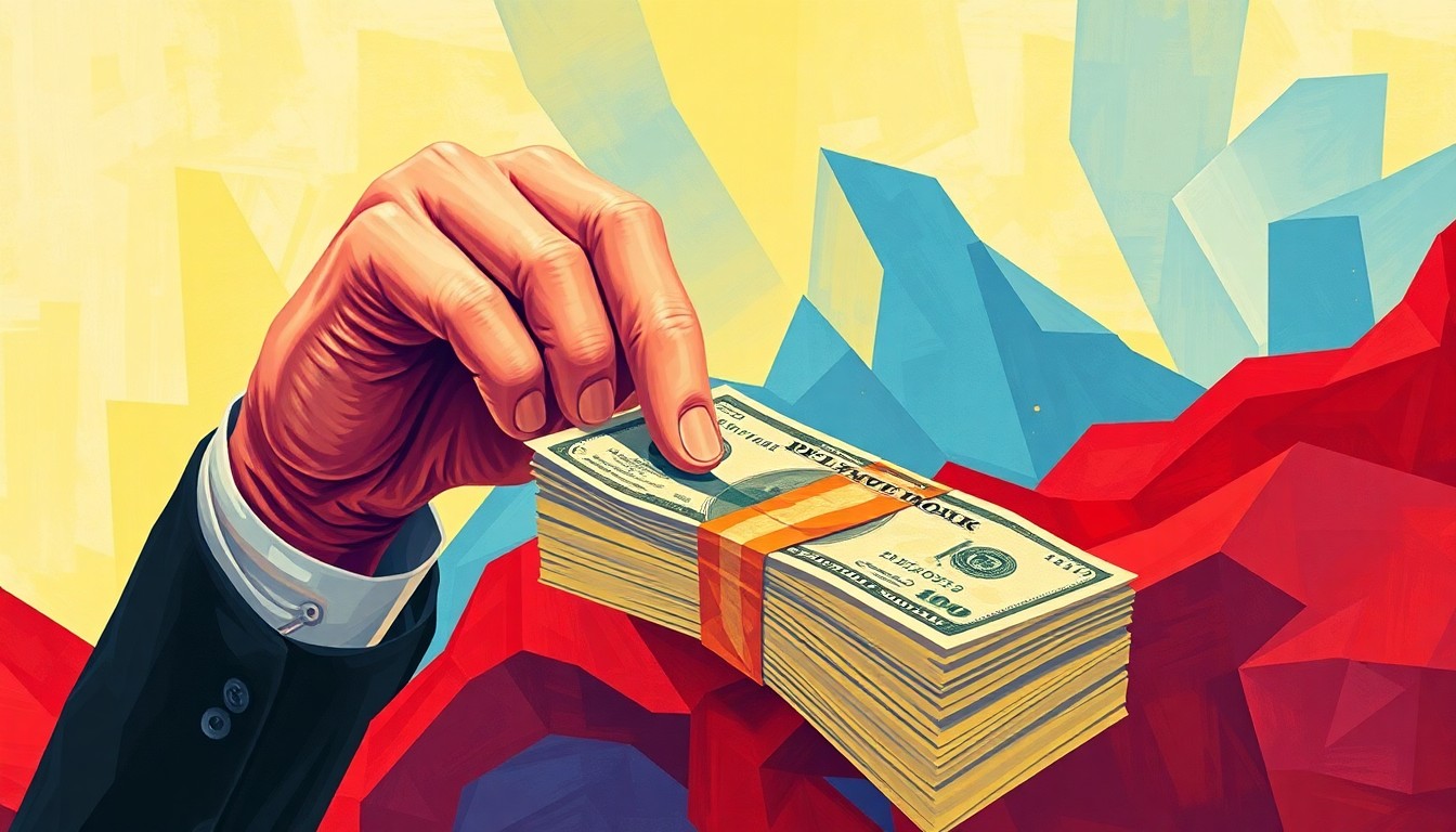 A dynamic, abstract painting depicting a politician's hand reaching for a stack of cash, with overlapping geometric shapes and vibrant colors conveying the chaotic and fractured nature of the political scandal.