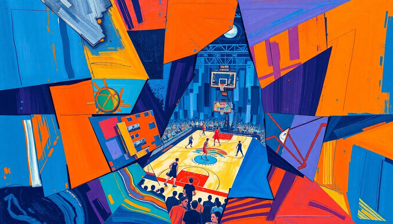 A cubist, geometric painting in vibrant colors depicting the action and movement of a WNBA game, with players and the court fragmented into sharp, overlapping planes.