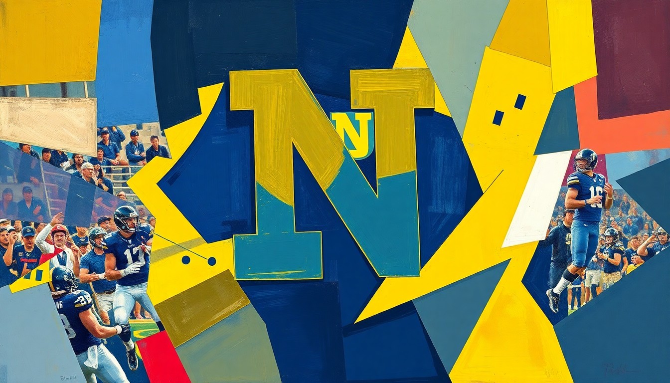 A cubist, geometric painting depicting a college football game, with sharp, overlapping planes of navy blue, gold, and other vibrant colors representing the teams in action. The fragmented, multi-perspective style captures the energy and intensity of the sport.