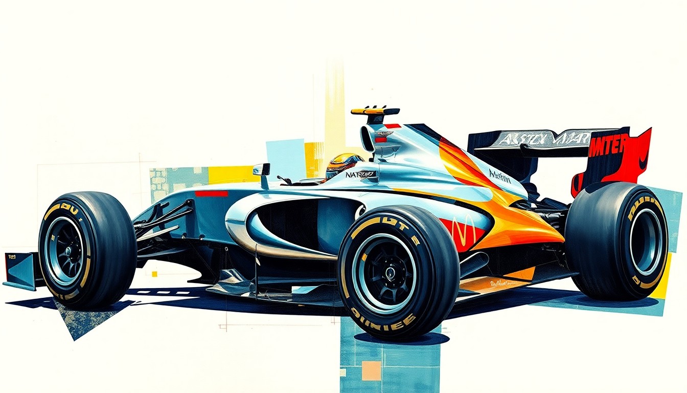 A Cubist-style painting depicting an Aston Martin Formula 1 car broken down into sharp, overlapping geometric shapes and planes, conveying the team's organizational challenges and lack of clear identity.