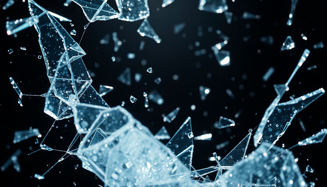 An extreme close-up of shattered glass and glittering shards, reflecting dramatic studio lighting and conceptually representing the dramatic shifts and unexpected twists in the storyline of the soap opera The Young and the Restless.