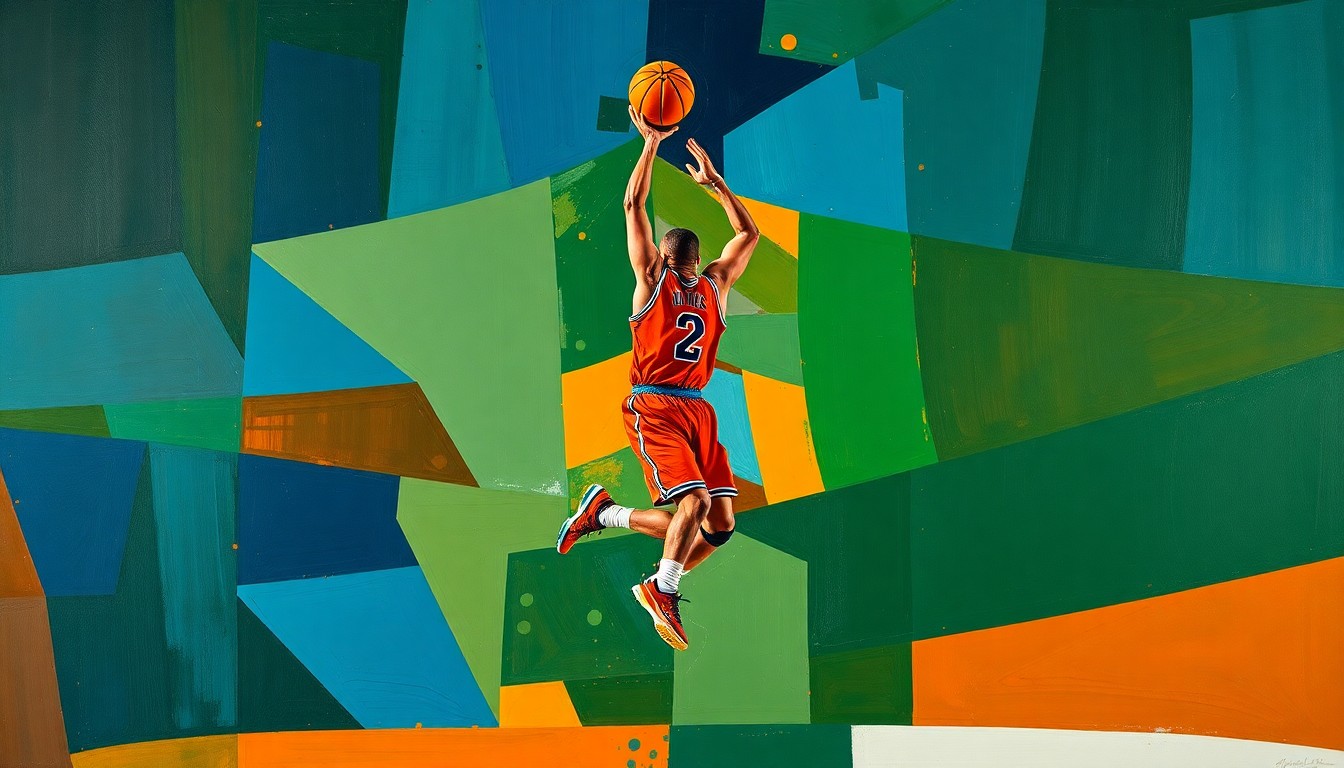 A fractured, geometric painting depicting a basketball player's jump shot broken down into sharp, overlapping planes of navy, green, and orange, conceptually representing an ankle injury disrupting a promising rookie campaign.