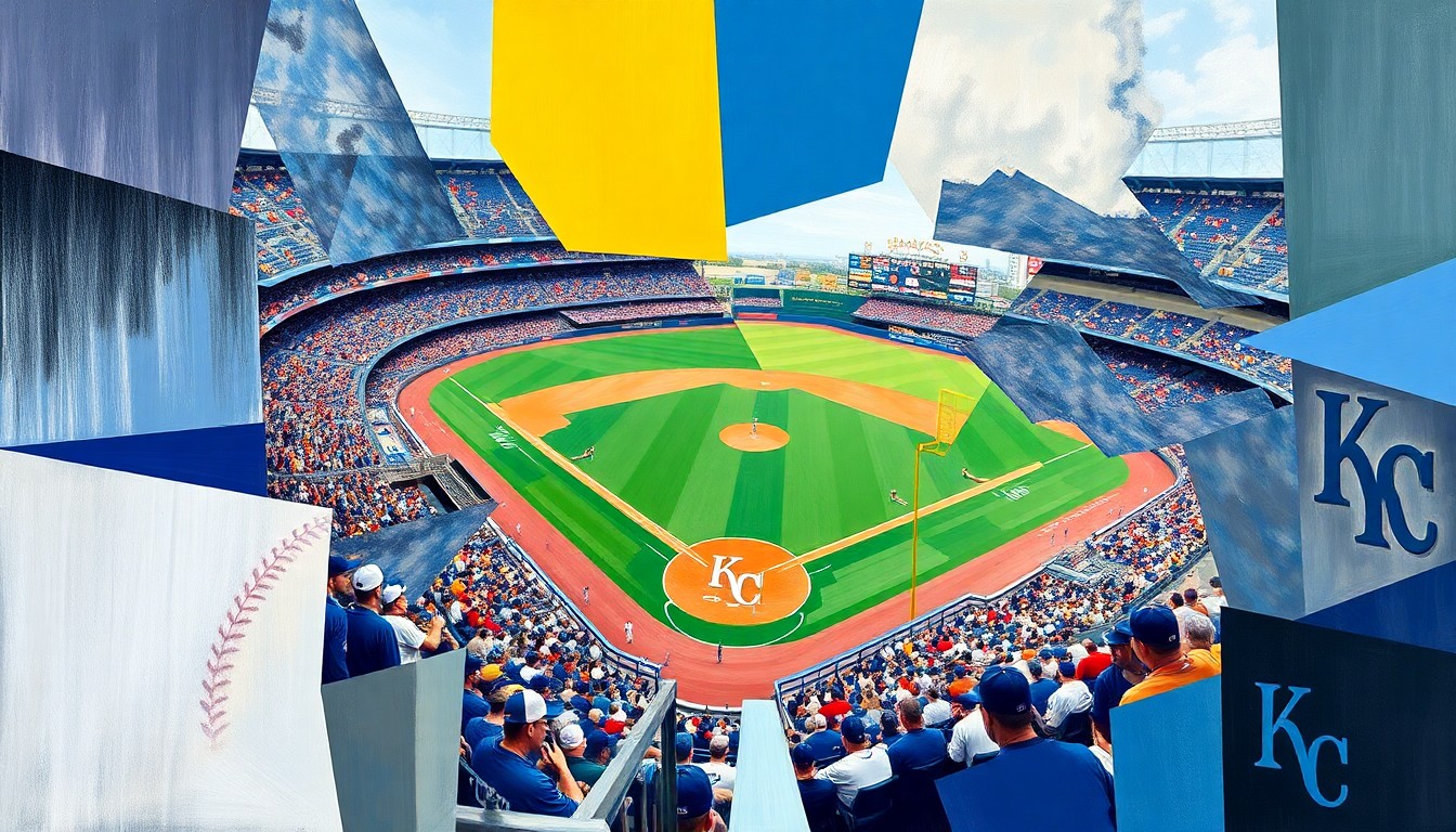 A fractured, geometric painting depicting a baseball game, with sharp planes of color and overlapping perspectives representing the action on the field.