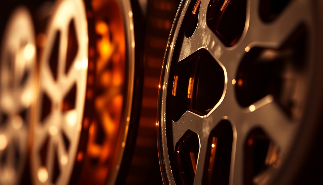 An extreme close-up photograph of coiled, shimmering film reels in high-contrast studio lighting, creating a glitzy, high-fashion aesthetic that evokes the glamour and excitement of the movie industry.