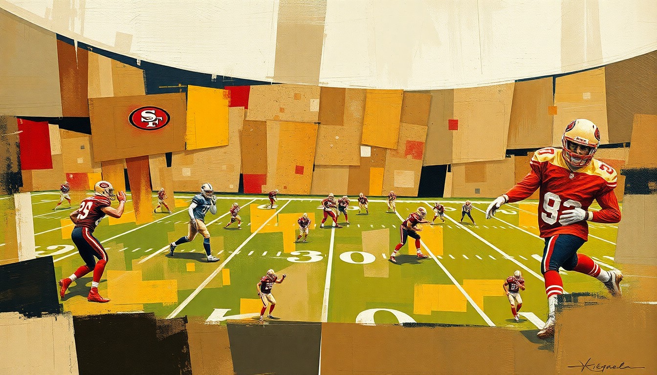 A cubist, geometric painting depicting a 49ers football game or practice, with players and the field broken down into abstract shapes and planes of muted earth tones, ochres, and greys, with flashes of the team's signature red and gold colors.