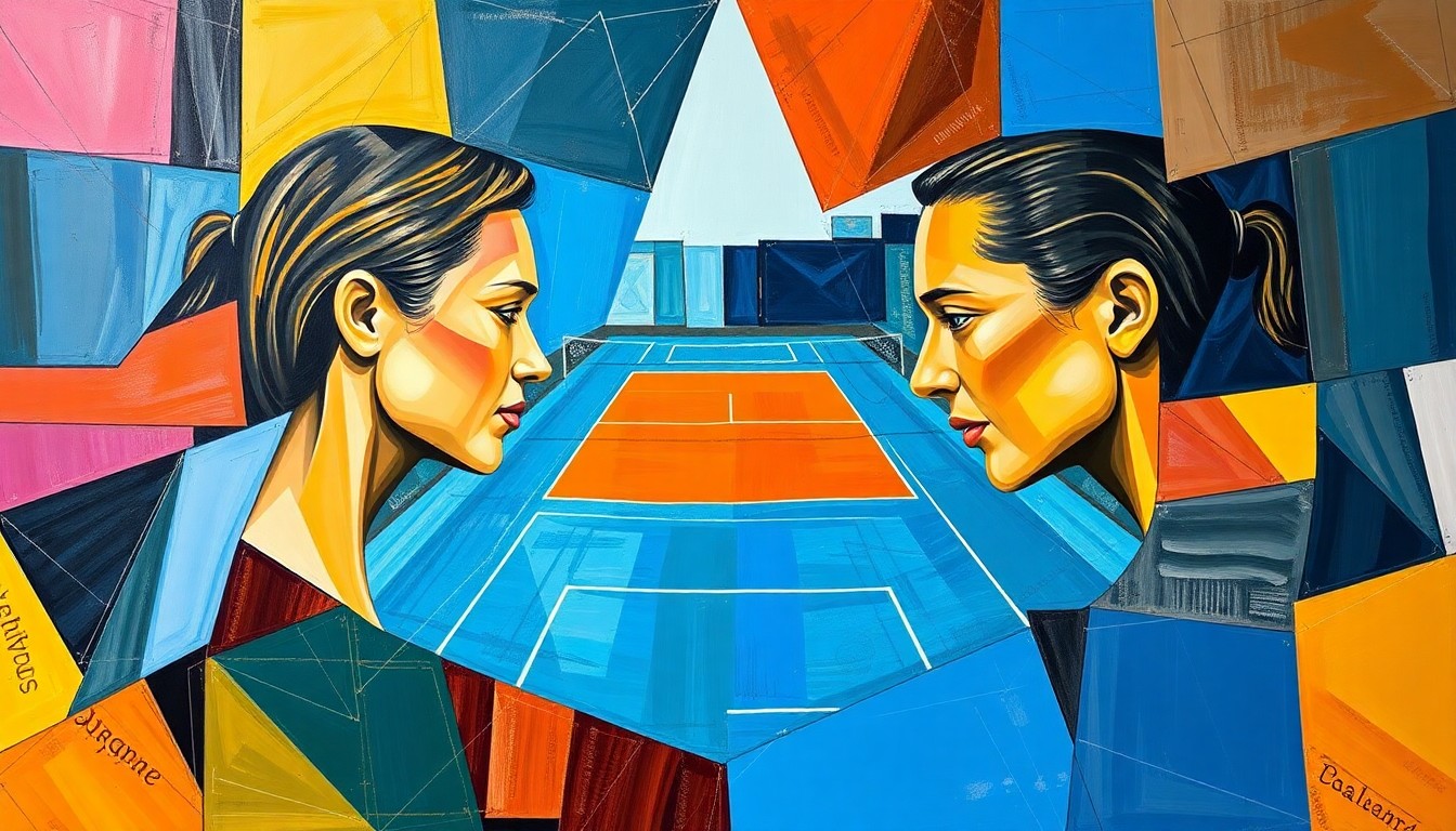 A fragmented, geometric painting depicting the dynamic movement and energy of a tennis match, with overlapping planes of color and form representing the competitive clash between the two players.