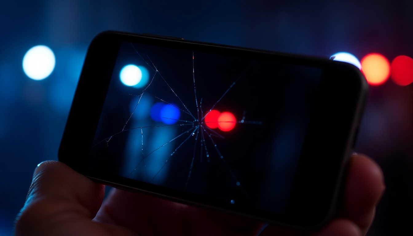 An extreme close-up of a shattered smartphone screen reflecting faint red and blue police lights, conceptually representing the violent confrontation between the candidate and law enforcement.