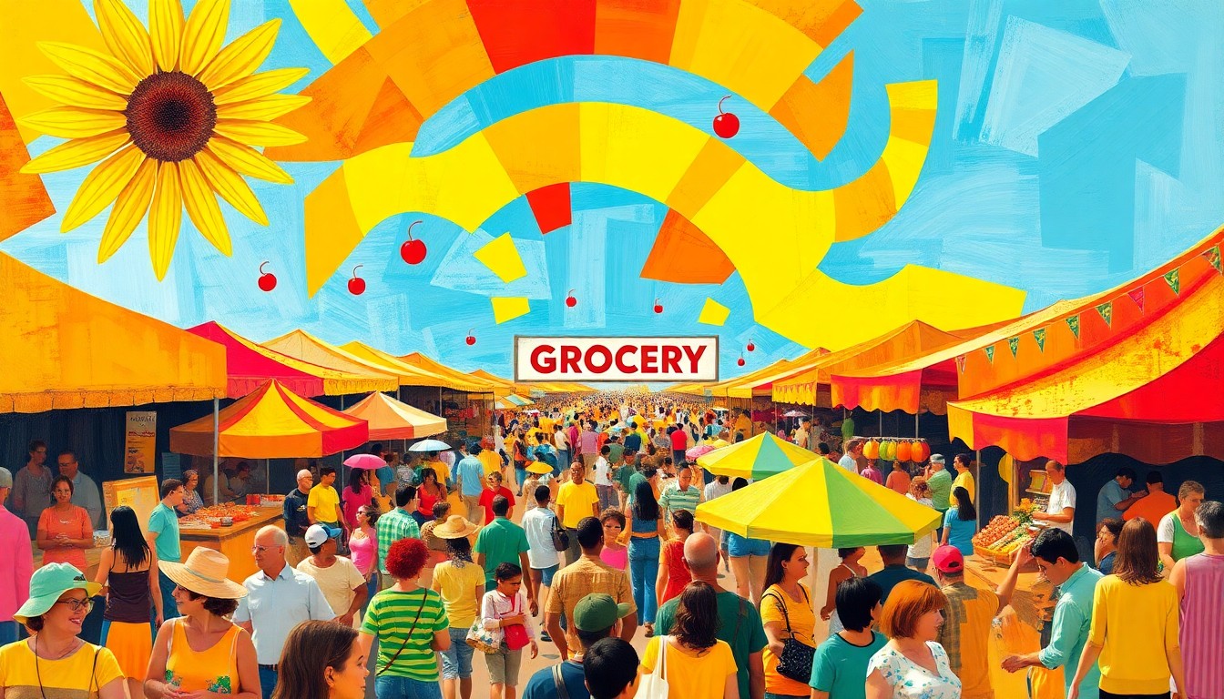 Heavily textured, sweeping oil paint brushstrokes in bright sunflower yellow, cherry red, and sky blue, conceptually representing the joyful energy of a community festival.