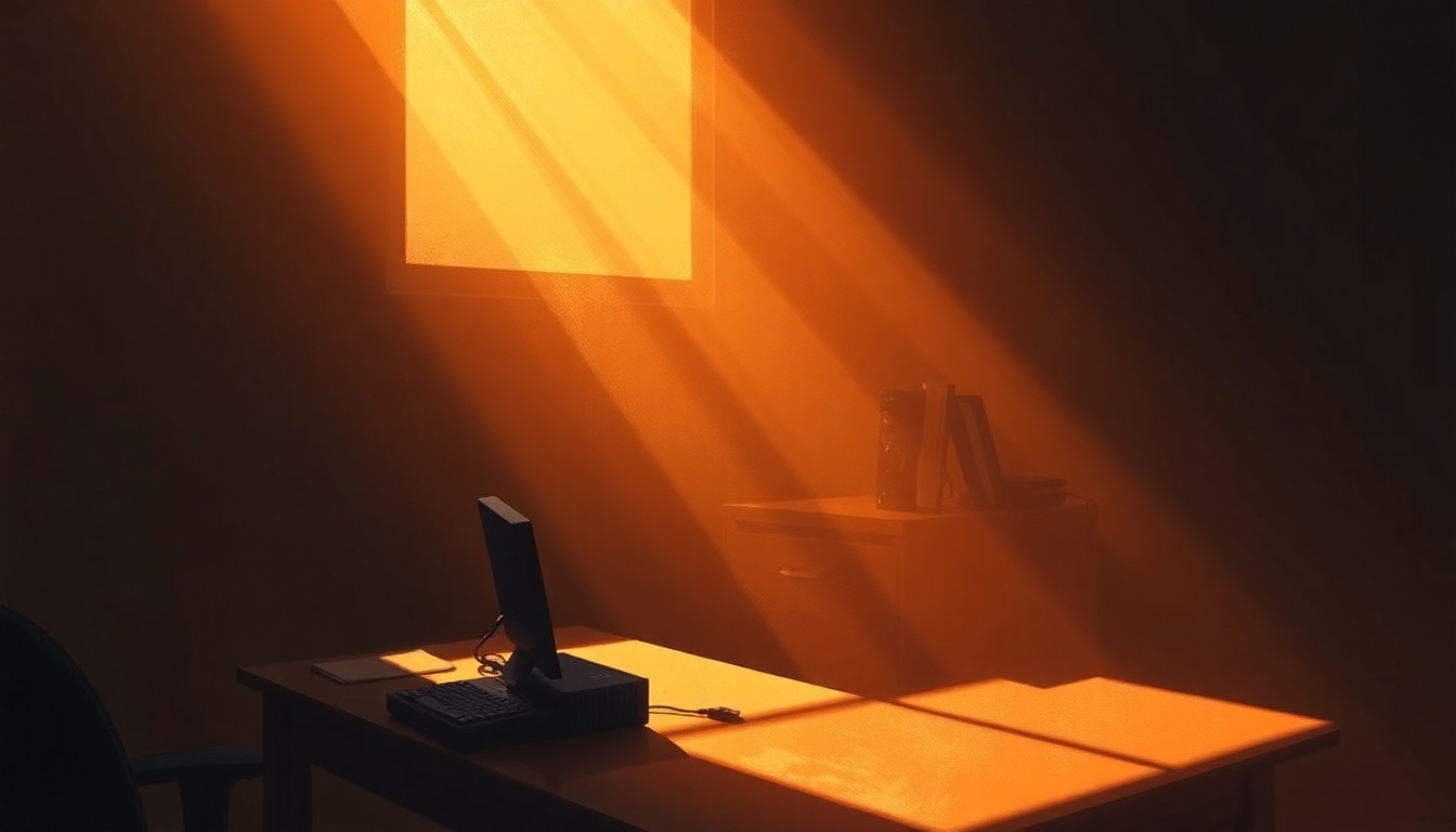 A dimly lit, cinematic painting of a solitary laptop or smartphone on a desk, with warm sunlight streaming in through a window and deep shadows casting a contemplative mood, conceptually representing the complex moral dilemma facing the tech industry.