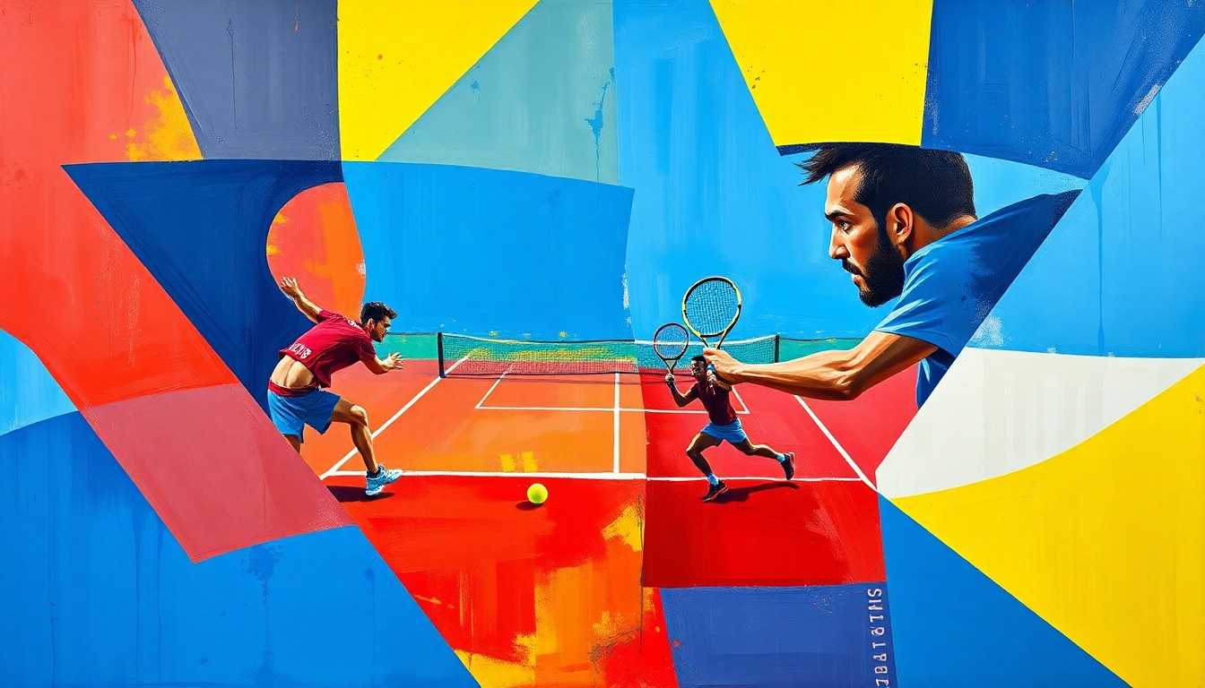 A cubist, geometric painting depicting a tennis match in motion, with overlapping planes of blue, red, and yellow conveying the dynamic energy and intensity of the competition.