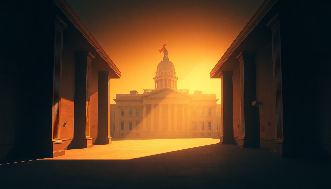 A dimly lit, cinematic painting of a government office building or political chamber, with warm sunlight streaming in through the windows and deep shadows obscuring details, creating a sense of unease and uncertainty.