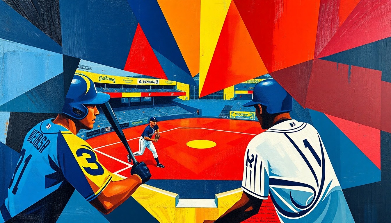 A cubist, geometric painting depicting a baseball game in progress, with the players' forms broken down into sharp, overlapping shapes in a vibrant color palette, conceptually representing the challenges faced by several Braves players in making the 2026 roster.
