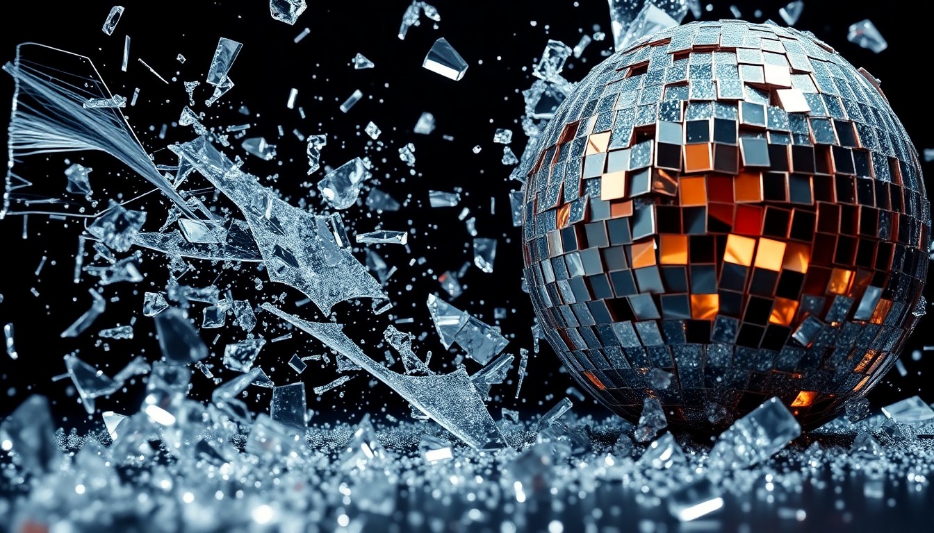 An extreme close-up photograph showcasing the abstract, high-contrast textures of shattered glass and glittering disco ball fragments, conceptually representing the tension and creative energy within the entertainment industry as it navigates changing audience preferences and the demand for more diverse storytelling.