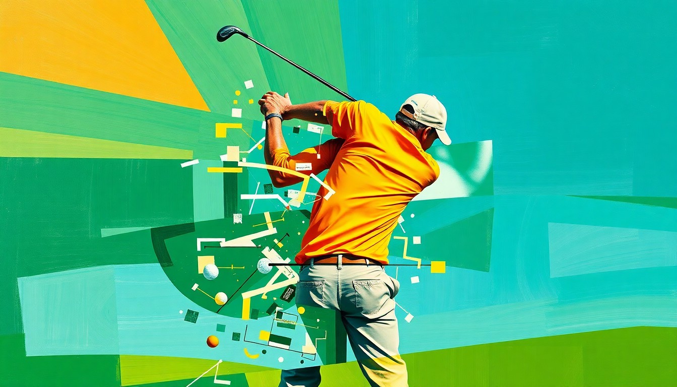 A fragmented, geometric painting depicting a golfer's swing broken down into sharp, overlapping planes of color, conveying the complexity and intensity of competing at a major golf tournament.