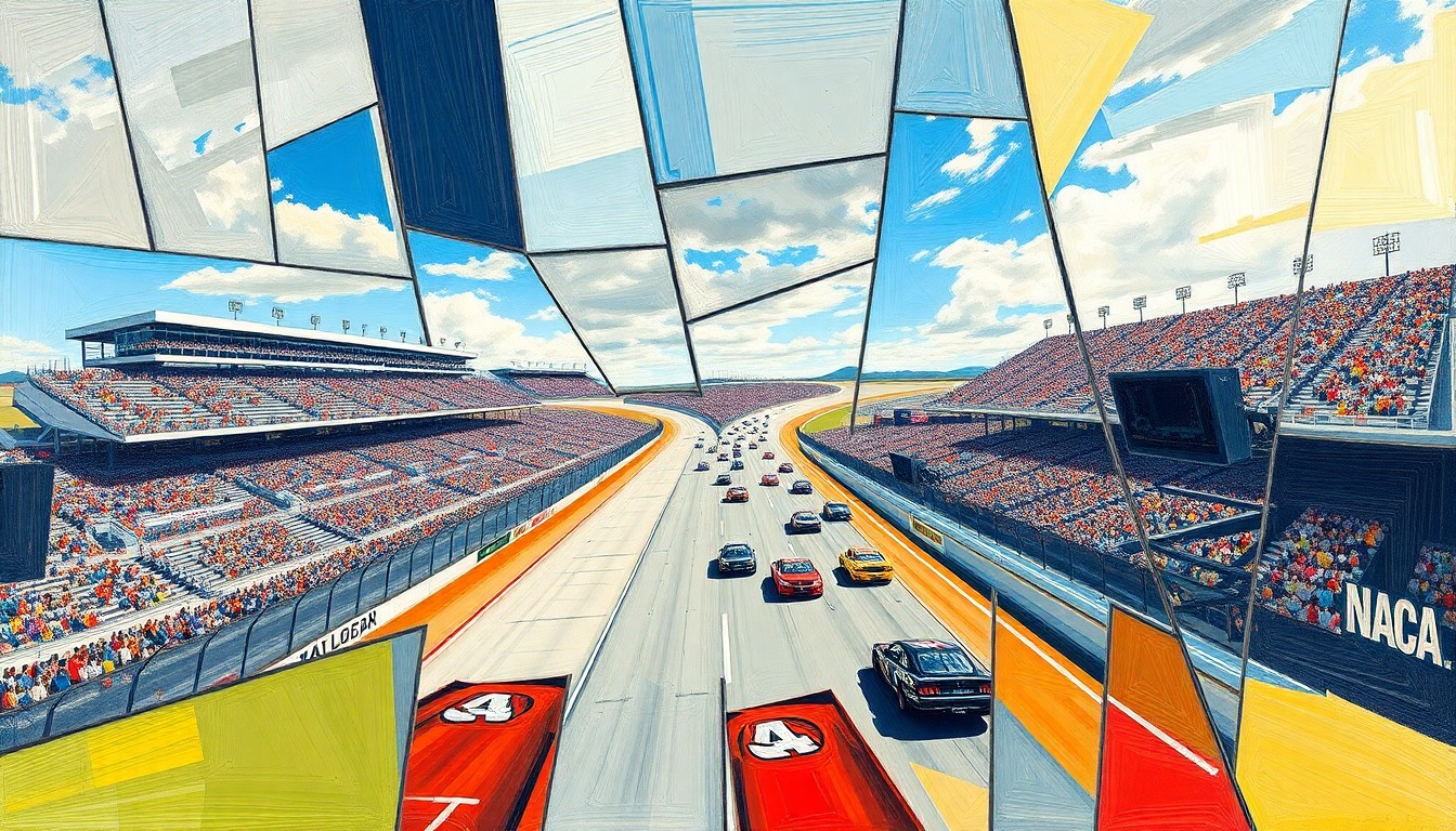 A cubist, geometric painting depicting a NASCAR race at Talladega Superspeedway, with the cars and track broken down into sharp, overlapping planes of color and shape.