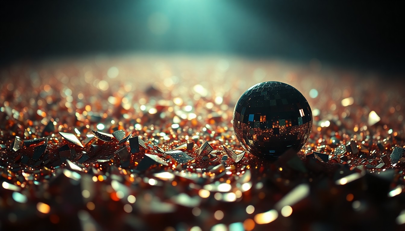 An abstract close-up photograph of shimmering sequins and shattered glass, conveying the glamour and exclusivity of Harry Styles' Wembley concert series.