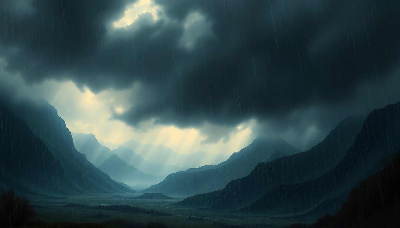 A vast, atmospheric landscape painting depicting a violent storm, with heavy rain and wind dwarfing any physical structures or infrastructure caught within the scene. The dramatic, melancholic composition conveys the overwhelming power of nature and the urgent need for investment in flood preparedness.