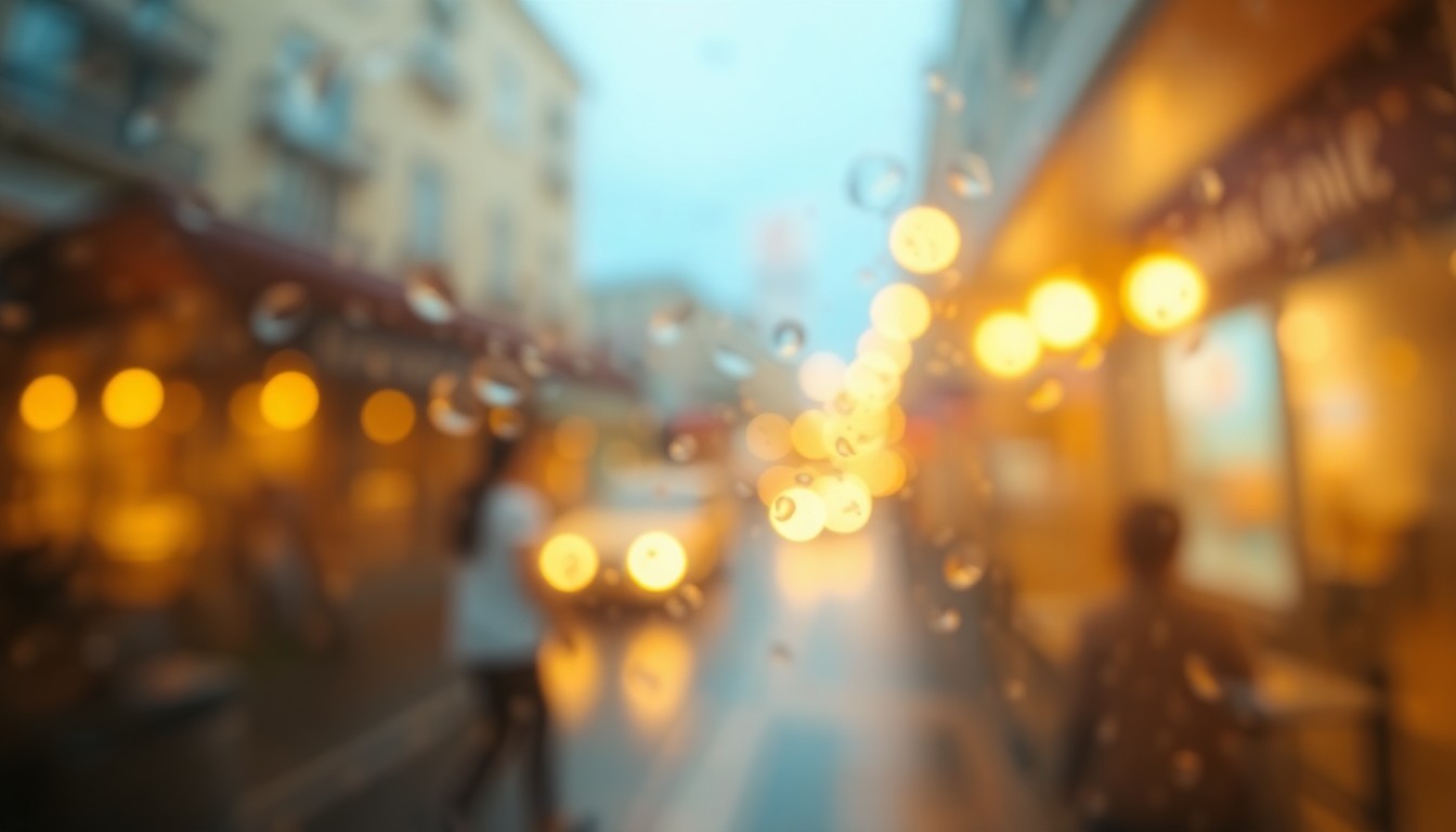 An abstract, impressionistic photograph of blurred, overlapping shapes in warm yellow, orange, and blue hues, evoking the soft, hazy atmosphere of a residential neighborhood.