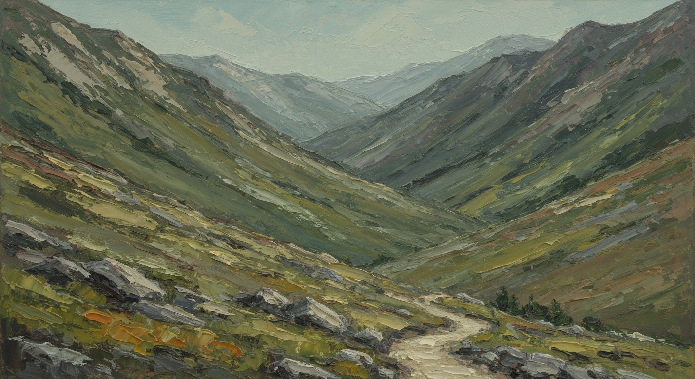 A heavily textured oil painting depicting a rugged, mountainous landscape along the Pacific Crest Trail, with muted tones of earthy greens, browns, and grays, capturing the wild, untamed nature of the remote trail.
