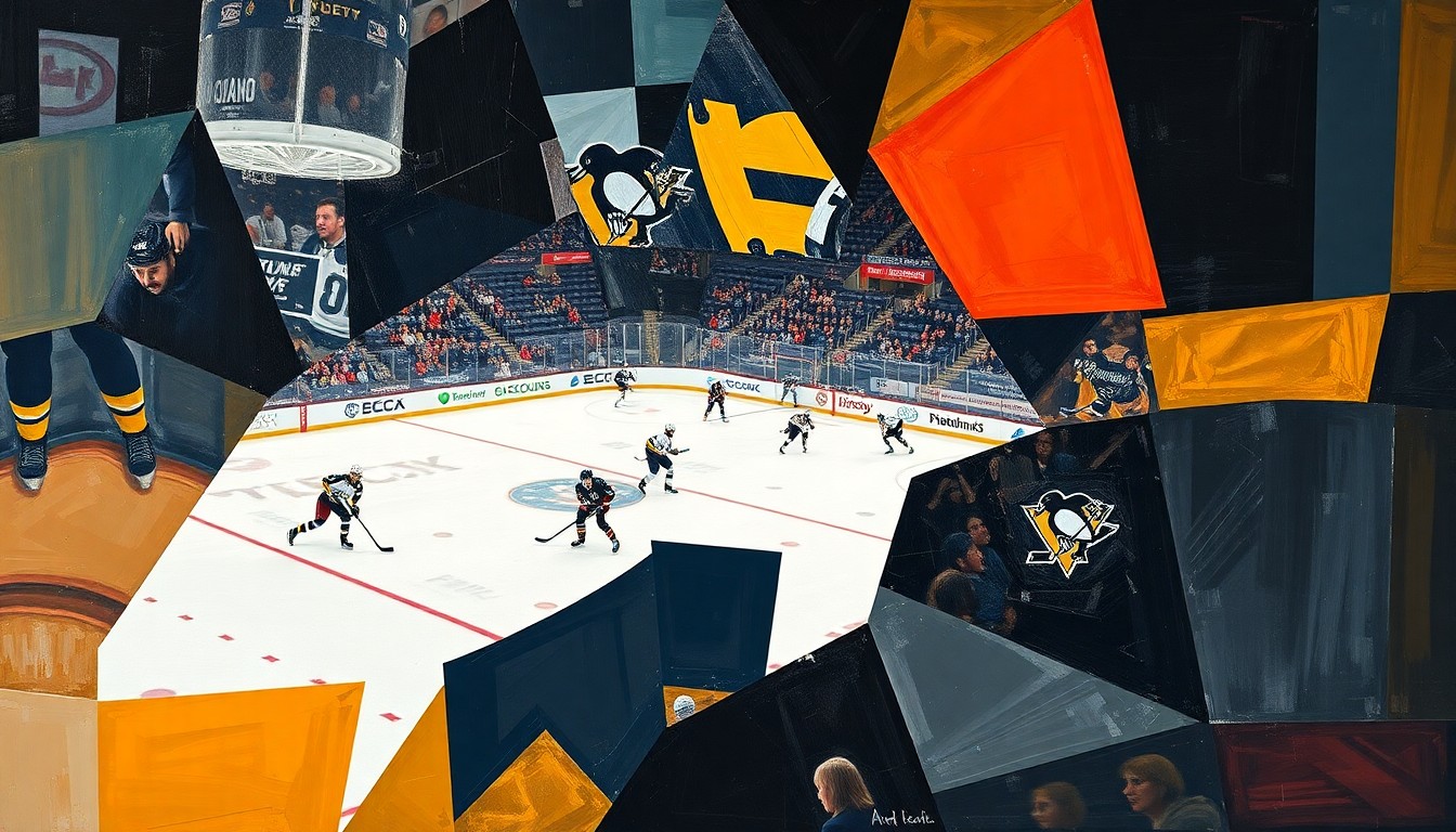 A cubist, geometric painting depicting a hockey game, with overlapping planes of color and shape representing the action on the ice, without any identifiable players or teams.