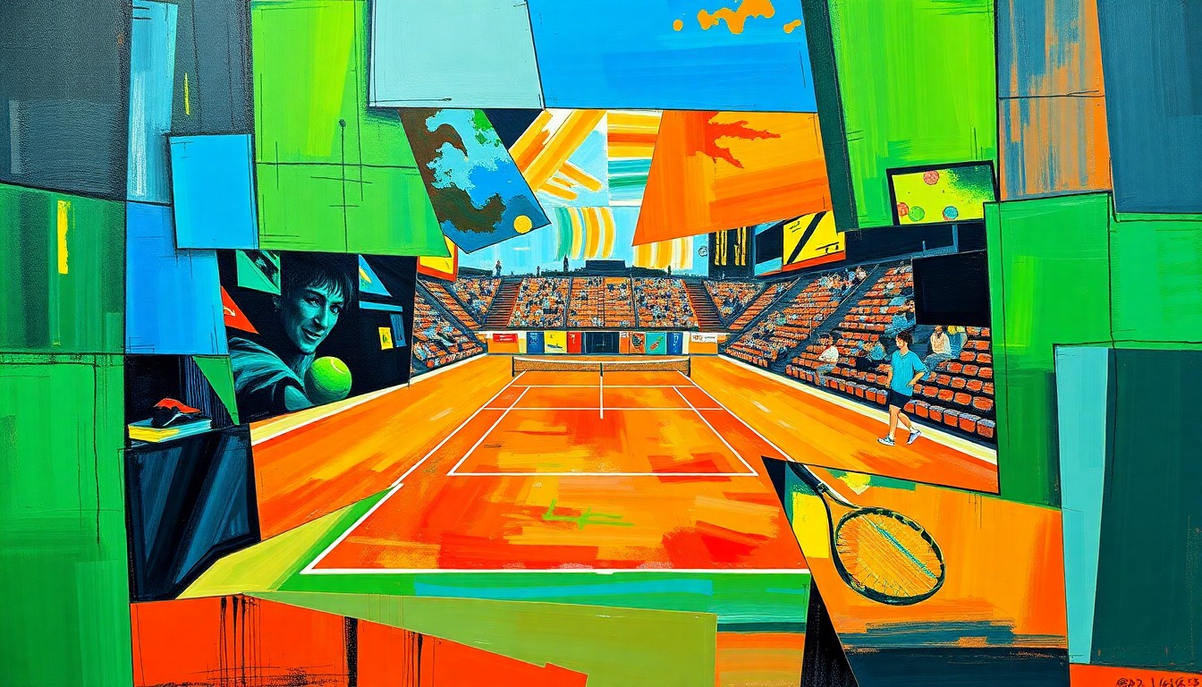 A cubist, geometric painting depicting a fragmented tennis match, with sharp planes of color and overlapping perspectives capturing the dynamic energy of the sport.