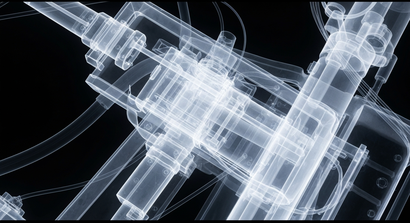 A ghostly, translucent X-ray photograph revealing the intricate internal structure of a medical research device, conceptually illustrating the technical complexity and innovation behind the University of Utah Health's groundbreaking research.