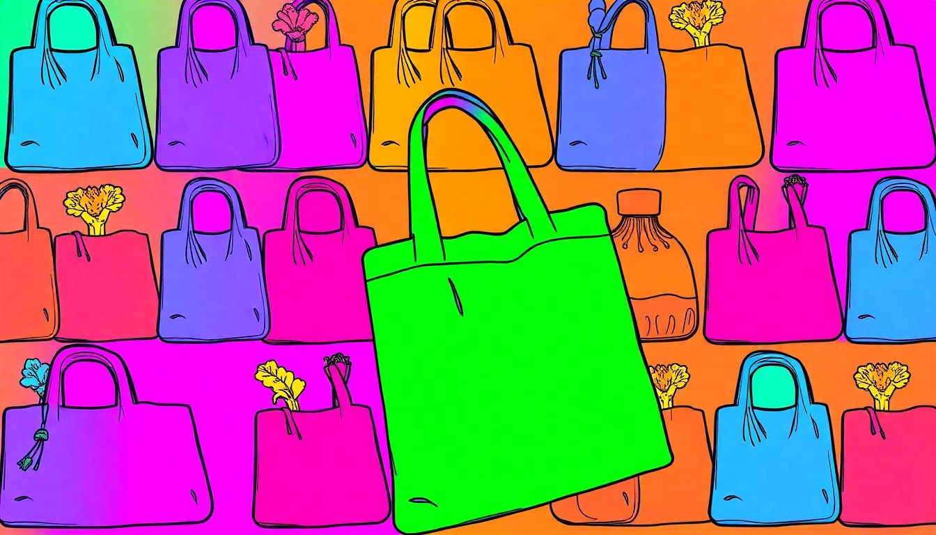 A brightly colored, high-contrast silkscreen print of a reusable grocery bag repeated in a tight grid pattern, conceptually representing the community-focused mission and longevity of Rainbow Grocery Cooperative.