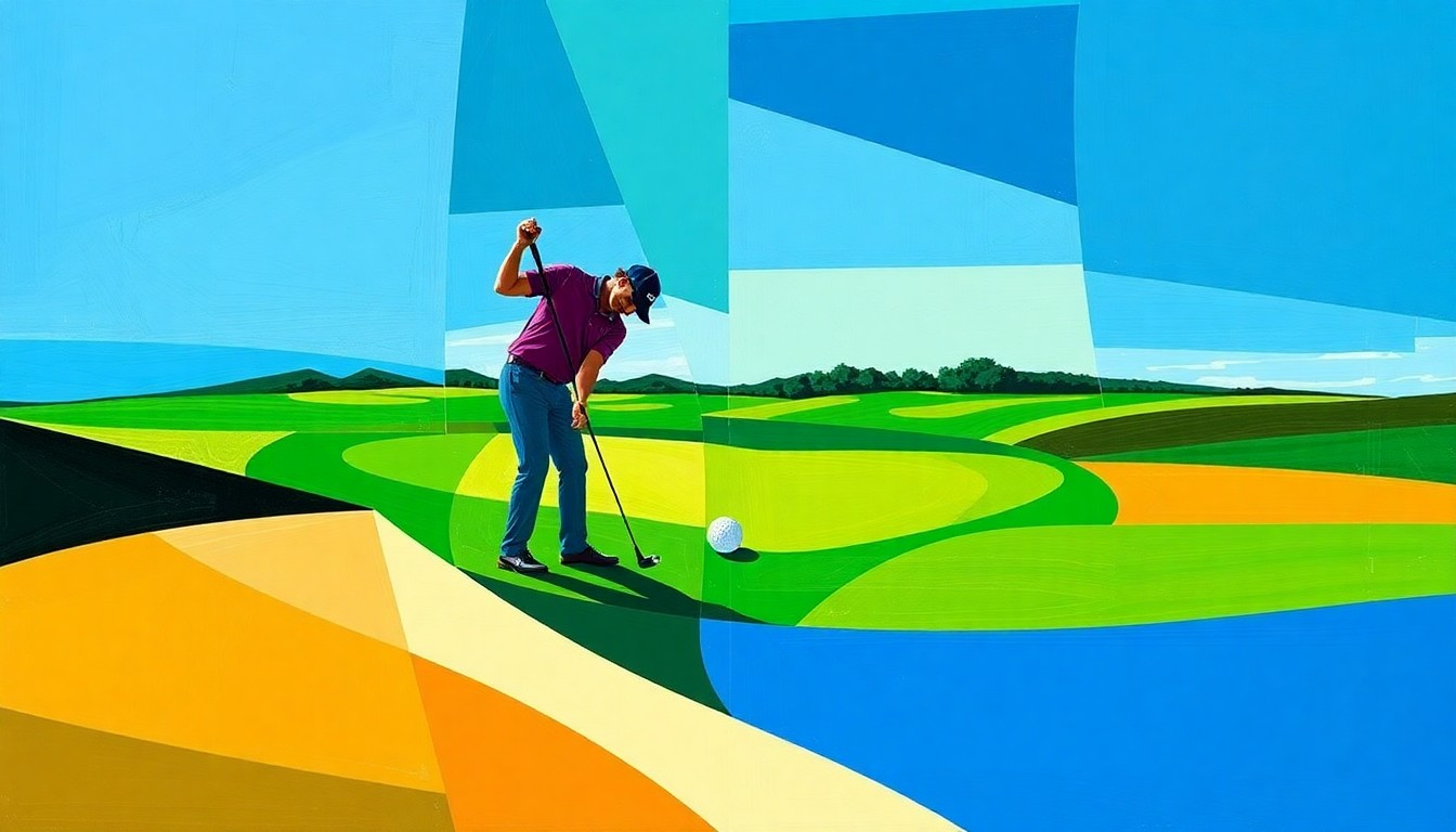 A cubist, geometric painting depicting Tony Finau's eagle putt at the 2026 Valero Texas Open, with the golf ball and Finau's silhouette fractured into overlapping angular shapes in shades of green, blue, and tan, conceptually representing the interplay of skill and chance that defines the greatest moments in golf.
