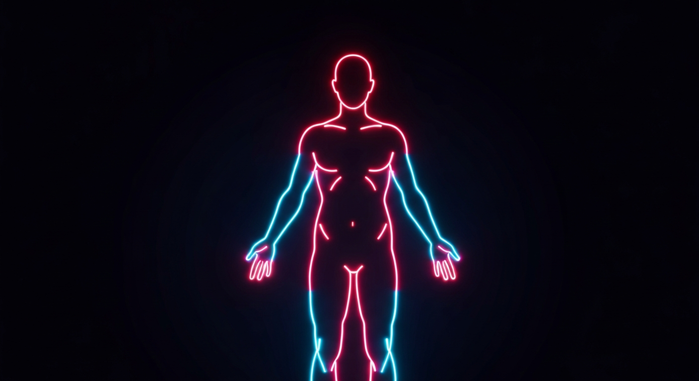 A minimalist, glowing neon outline of a human figure against a dark background, conceptually representing the increased cancer risk for unmarried adults revealed in a new study.