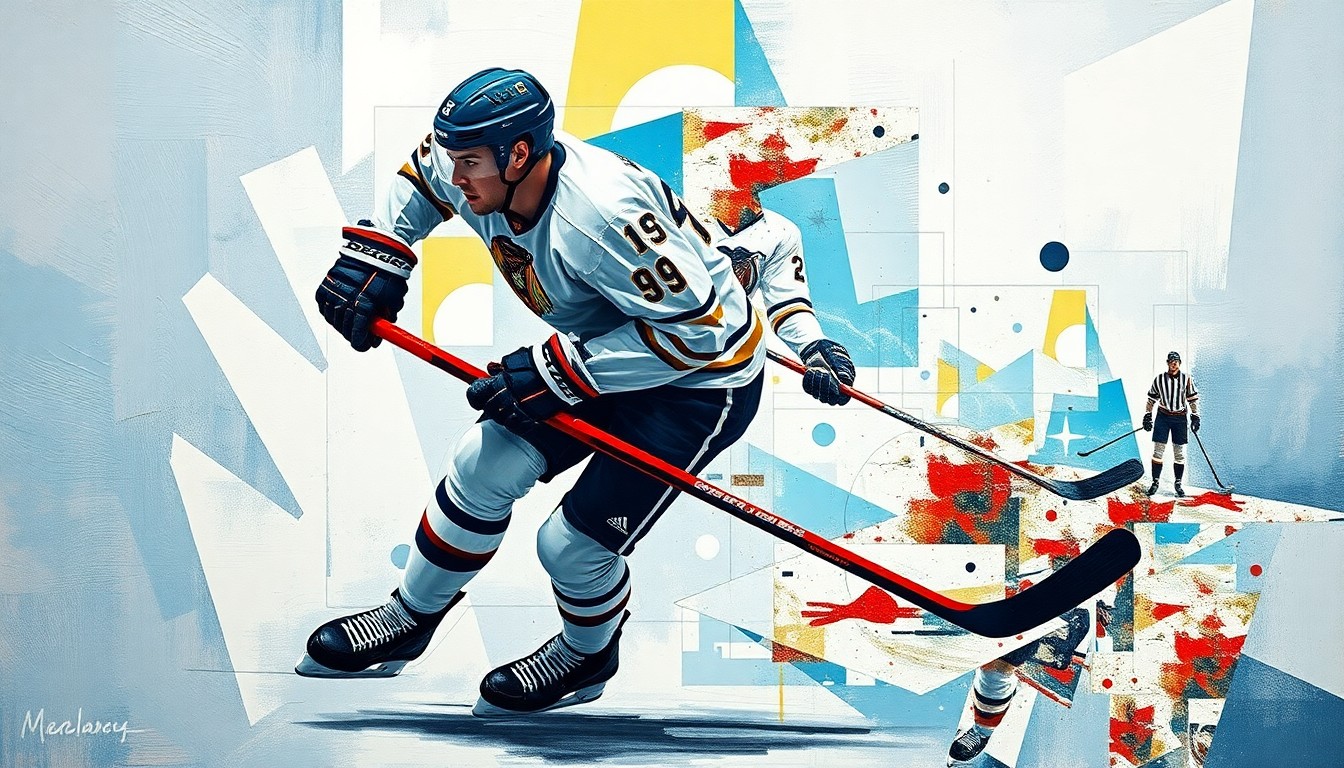 A cubist-style painting depicting a hockey player in motion, broken down into sharp, overlapping geometric shapes and planes in vibrant colors, conceptually representing the breaking down of barriers and stereotypes in the sport.