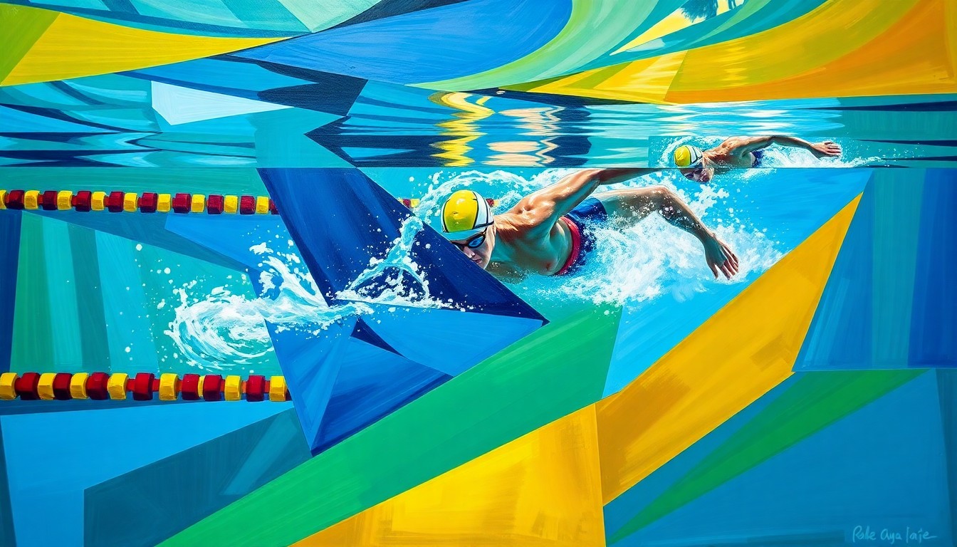 A cubist, geometric painting depicting a swimmer's 200 IM race, with overlapping planes of vibrant blue, green, and gold colors representing the fluid motion and energy of the event.