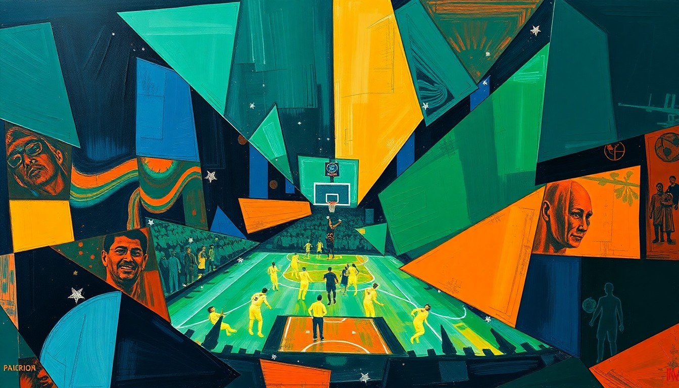 A fractured, abstract painting depicting a basketball game or match, with sharp, overlapping geometric shapes in vibrant colors representing the dynamic energy and shifting perspectives of the sport.