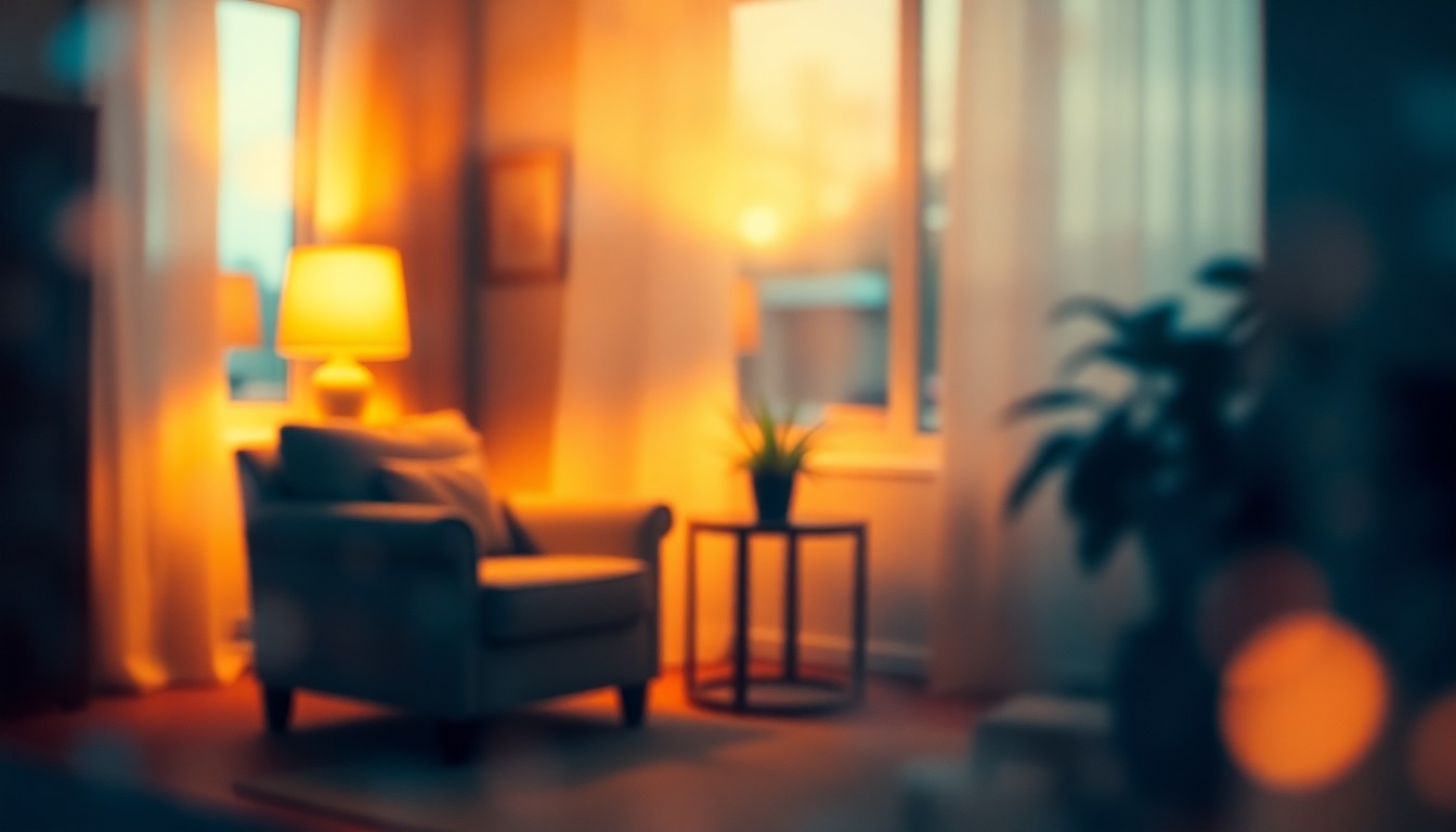 An abstract, out-of-focus image depicting a cozy living room scene with a plush armchair, warm lamp, and potted plant, conveying a sense of comfort and inviting atmosphere.
