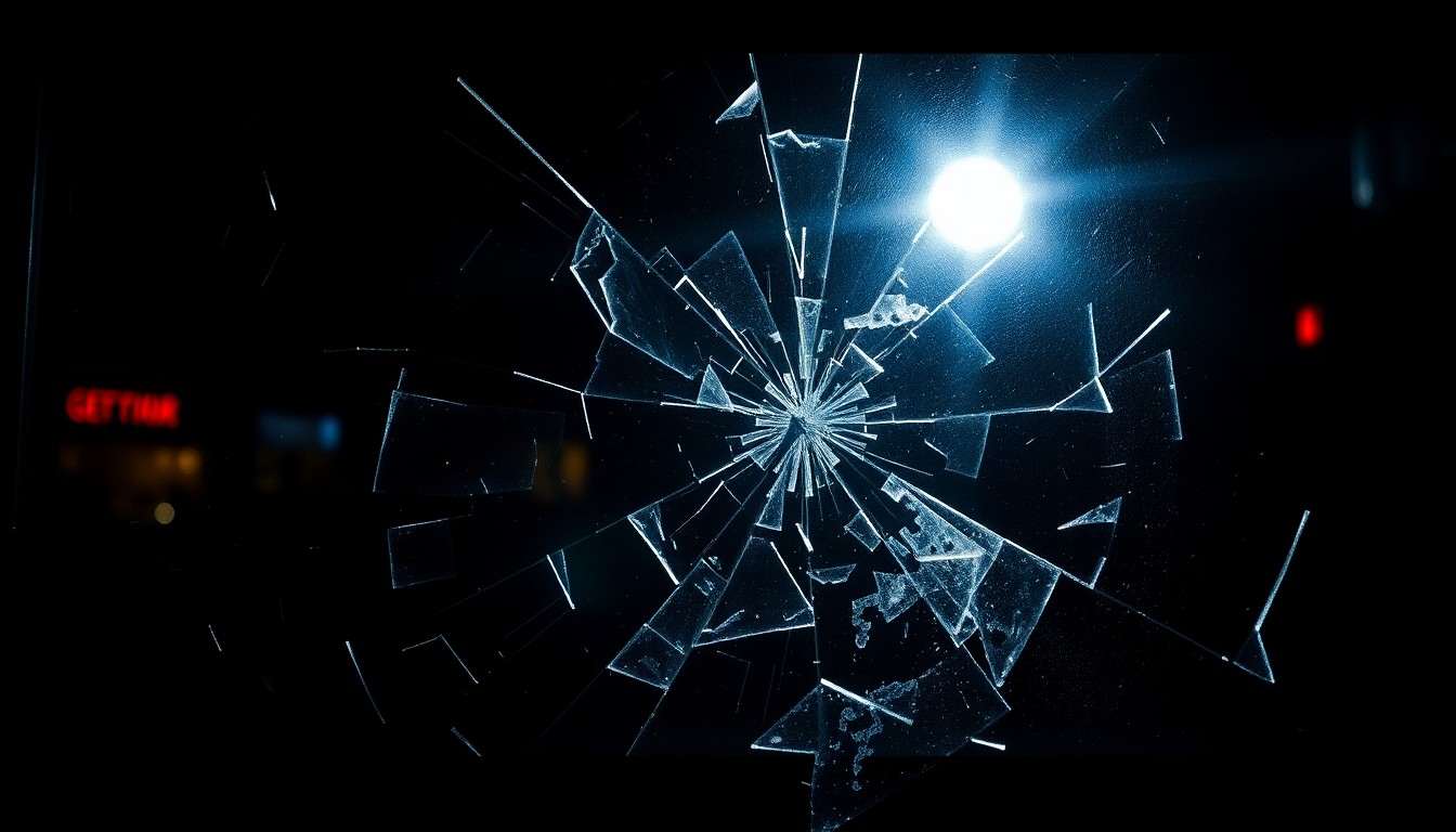 An extreme close-up photograph of shattered glass from a restaurant window, capturing the harsh, gritty aftermath of an act of vandalism against a struggling small business.