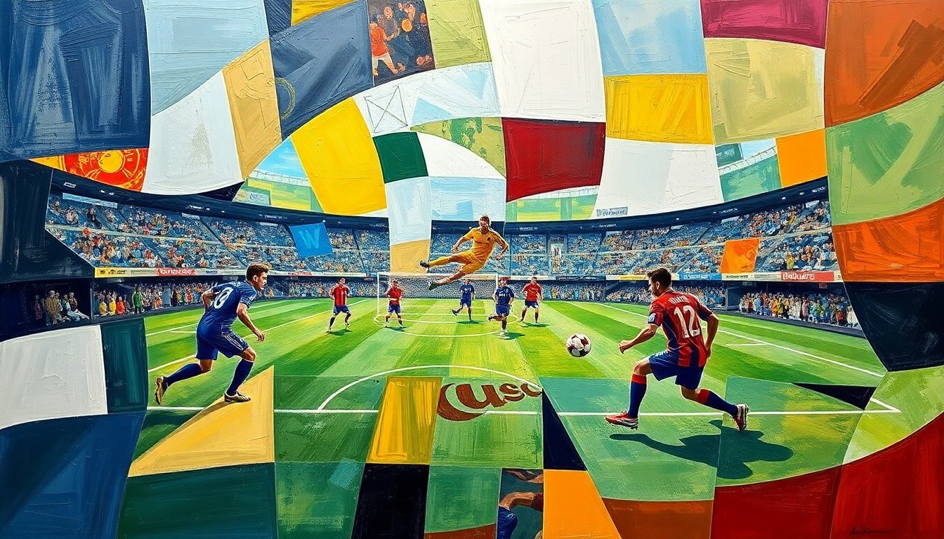 A cubist, geometric painting depicting a soccer player in motion, with overlapping planes of color and form representing the dynamic nature of the transfer market.