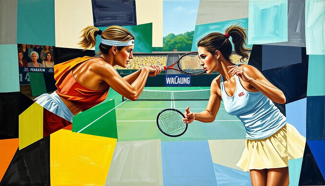 A fragmented, geometric painting depicting a women's tennis match, with sharp, overlapping planes of color and form that capture the dynamic energy and unpredictability of the sport.