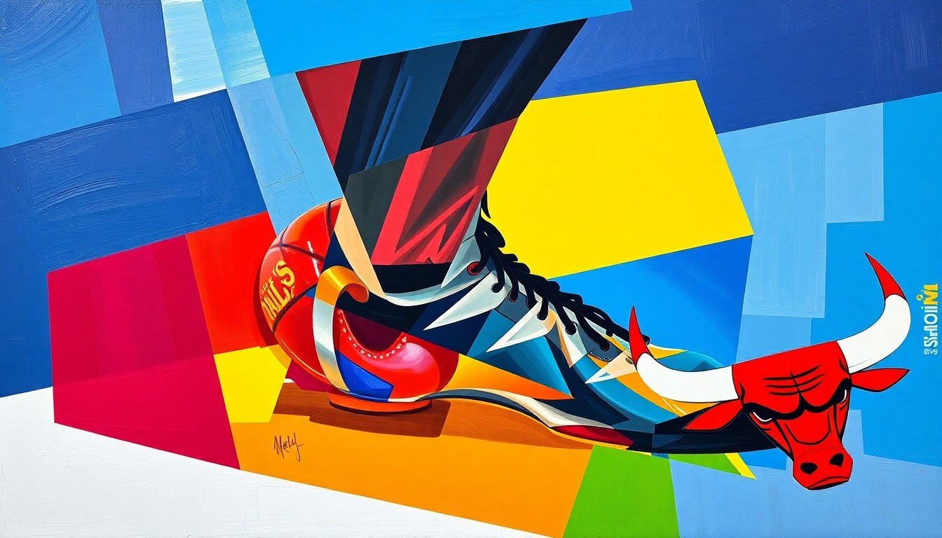 A fragmented, geometric painting depicting a basketball player's ankle in various overlapping perspectives, rendered in the vibrant colors of the Dallas Mavericks and Chicago Bulls teams. The abstract composition conceptually represents the delicate balance between potential and vulnerability in professional sports.