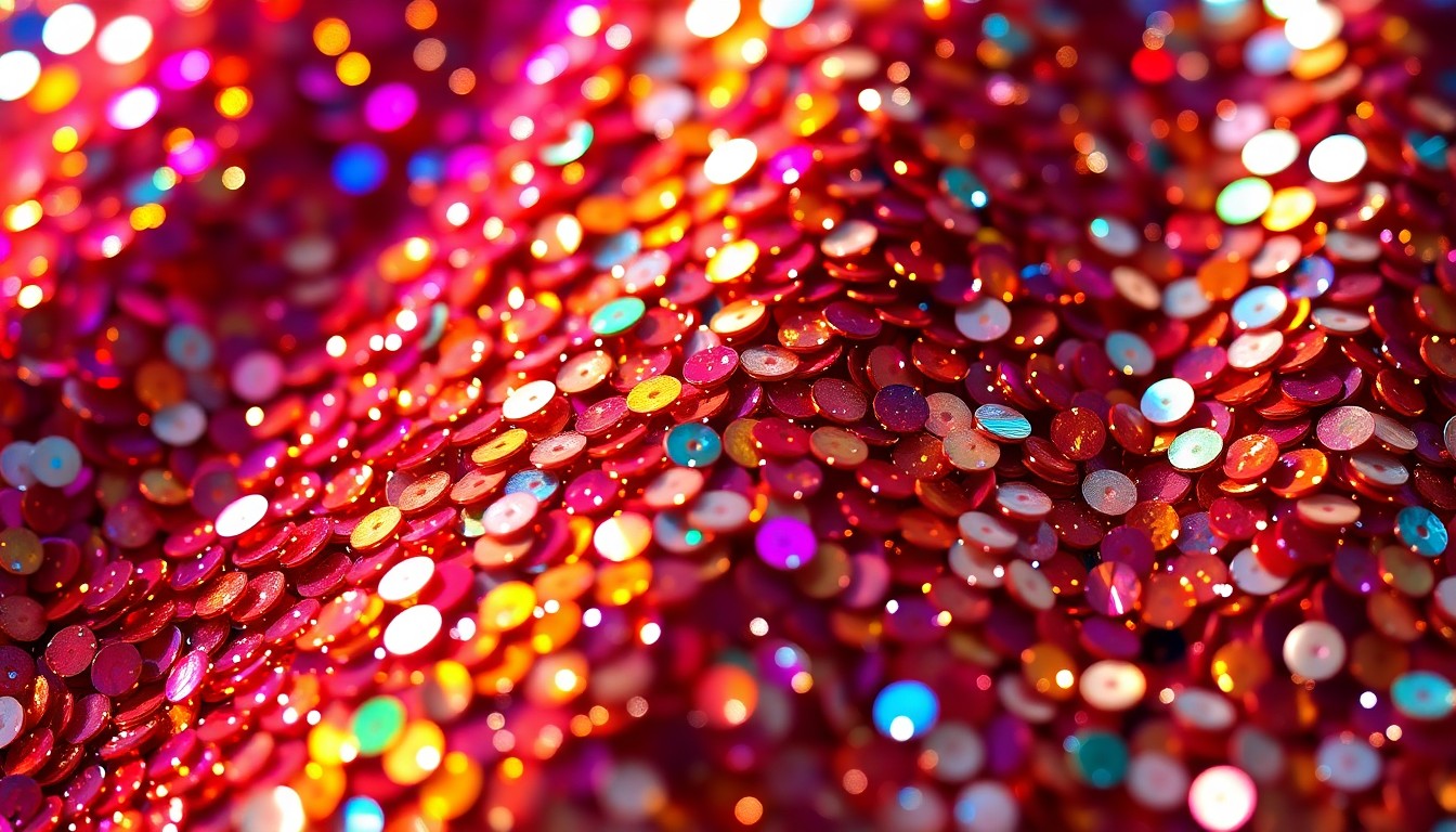 An extreme close-up photograph of shimmering, glittering sequins in a vibrant array of colors, capturing the luxurious, high-energy atmosphere of the Coachella music festival.