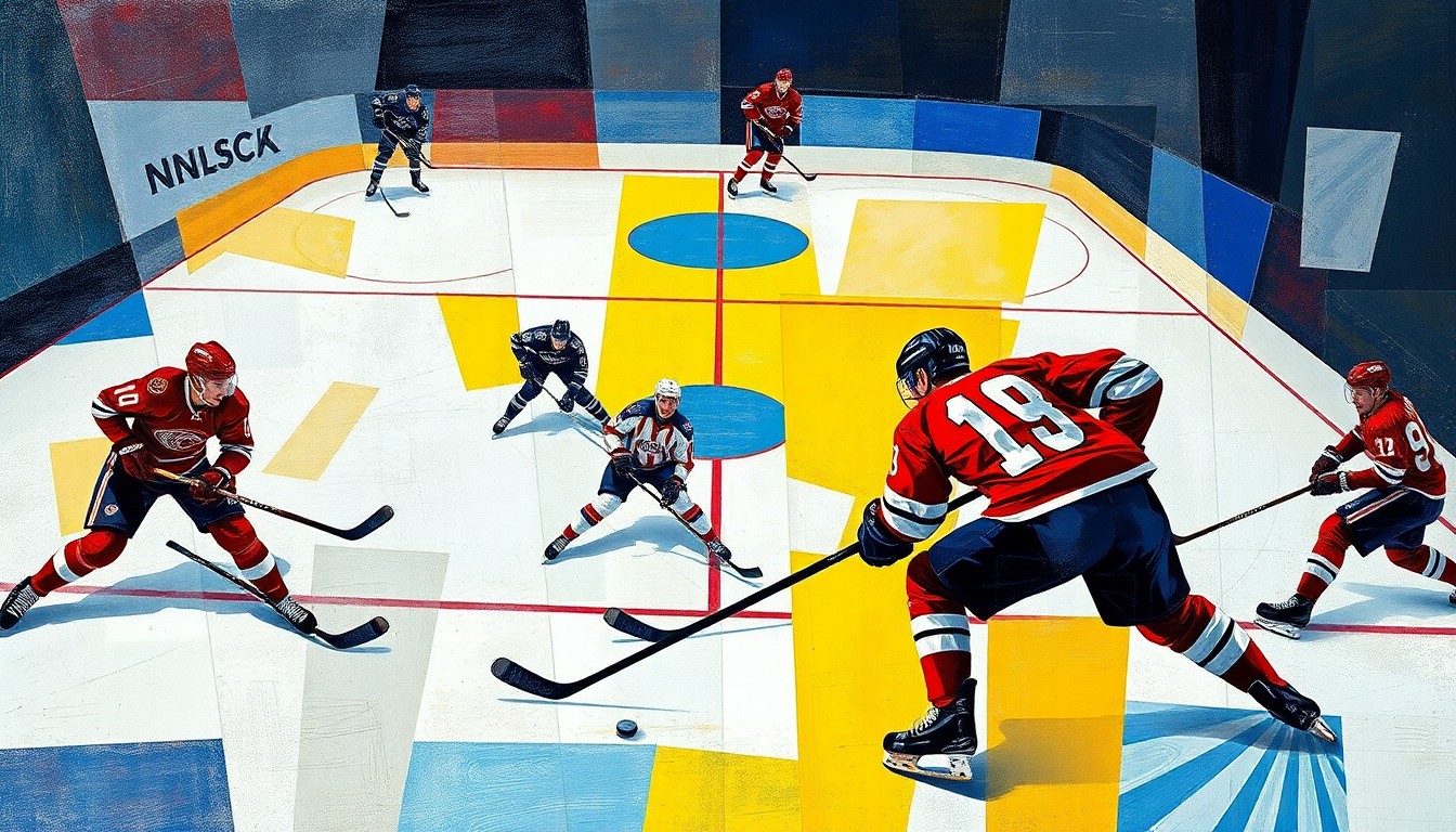 A cubist, geometric painting depicting a hockey game, with the players and ice deconstructed into abstract shapes and planes of color, with the puck and sticks as the only recognizable elements.