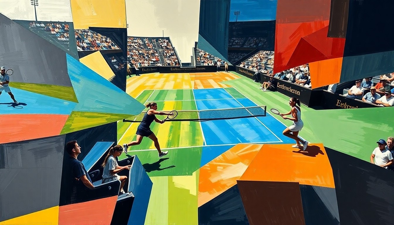 A fractured, multi-perspective painting in the style of Pablo Picasso, depicting a tennis match between Coco Gauff and Aryna Sabalenka. The players' movements and the court itself are deconstructed into sharp, overlapping geometric planes, creating a dynamic and abstract composition.