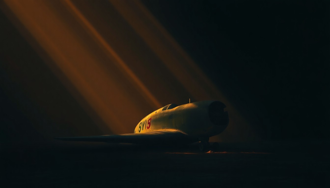 A photorealistic painting of a crumpled, twisted piece of military aircraft wreckage lying in a field, with warm sunlight casting deep shadows across the scene, conveying a sense of melancholy and the human cost of war.