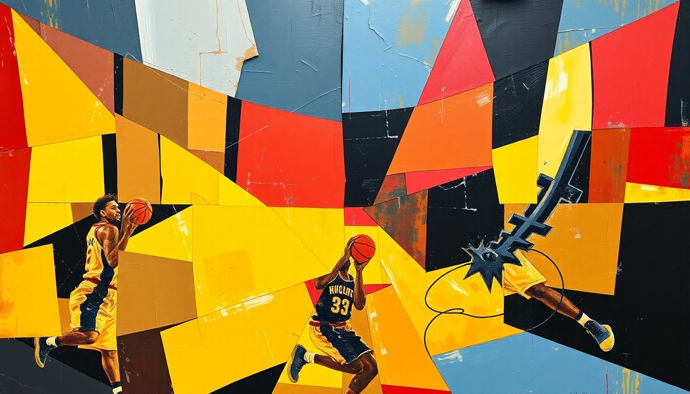 A cubist, geometric painting depicting a fragmented basketball court scene, with sharp, overlapping planes of red, yellow, and black representing the Atlanta Hawks' team colors.