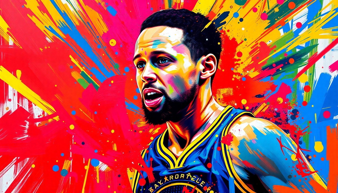 An abstract, energetic painting featuring bold, neon-colored brushstrokes that capture the dynamic movements and raw athleticism of a basketball player, conceptually representing Stephen Curry's impactful comeback performance.