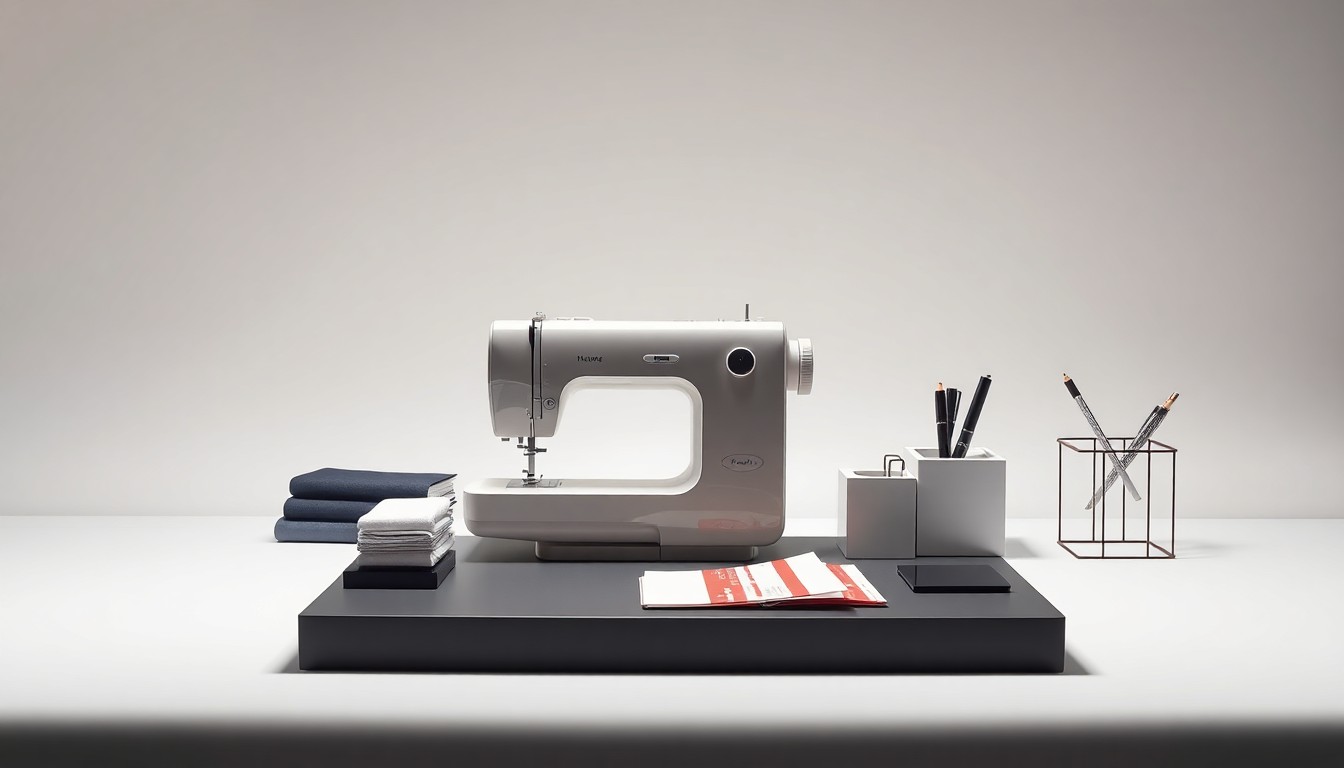 A high-end, photorealistic studio still-life photograph featuring a collection of premium, polished objects like a sewing machine, fabric swatches, and a desk organizer, arranged elegantly on a clean, monochromatic background to symbolize the business challenges facing independent fashion designers.