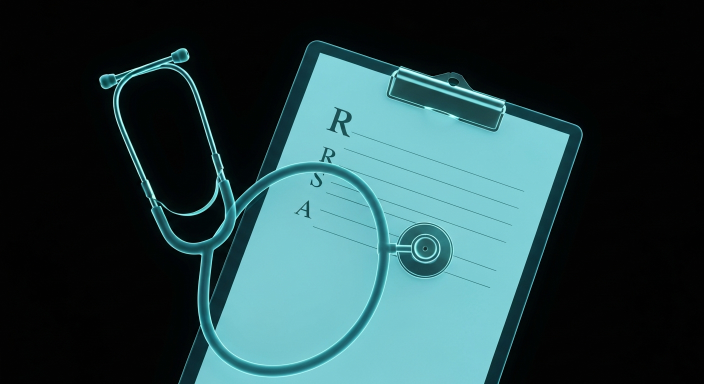 A translucent, ghostly X-ray image depicting medical equipment like a stethoscope, clipboard, and prescription pad, conveying the importance of healthcare access for all.