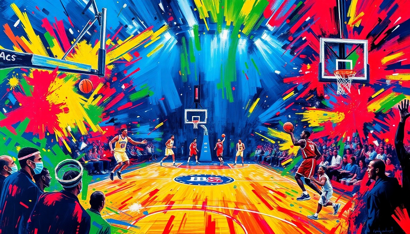 An abstract, expressionist painting in vibrant neon colors depicting the frenetic energy and movement of a high-stakes NBA basketball game, with the players' forms dissolving into dynamic brushstrokes.