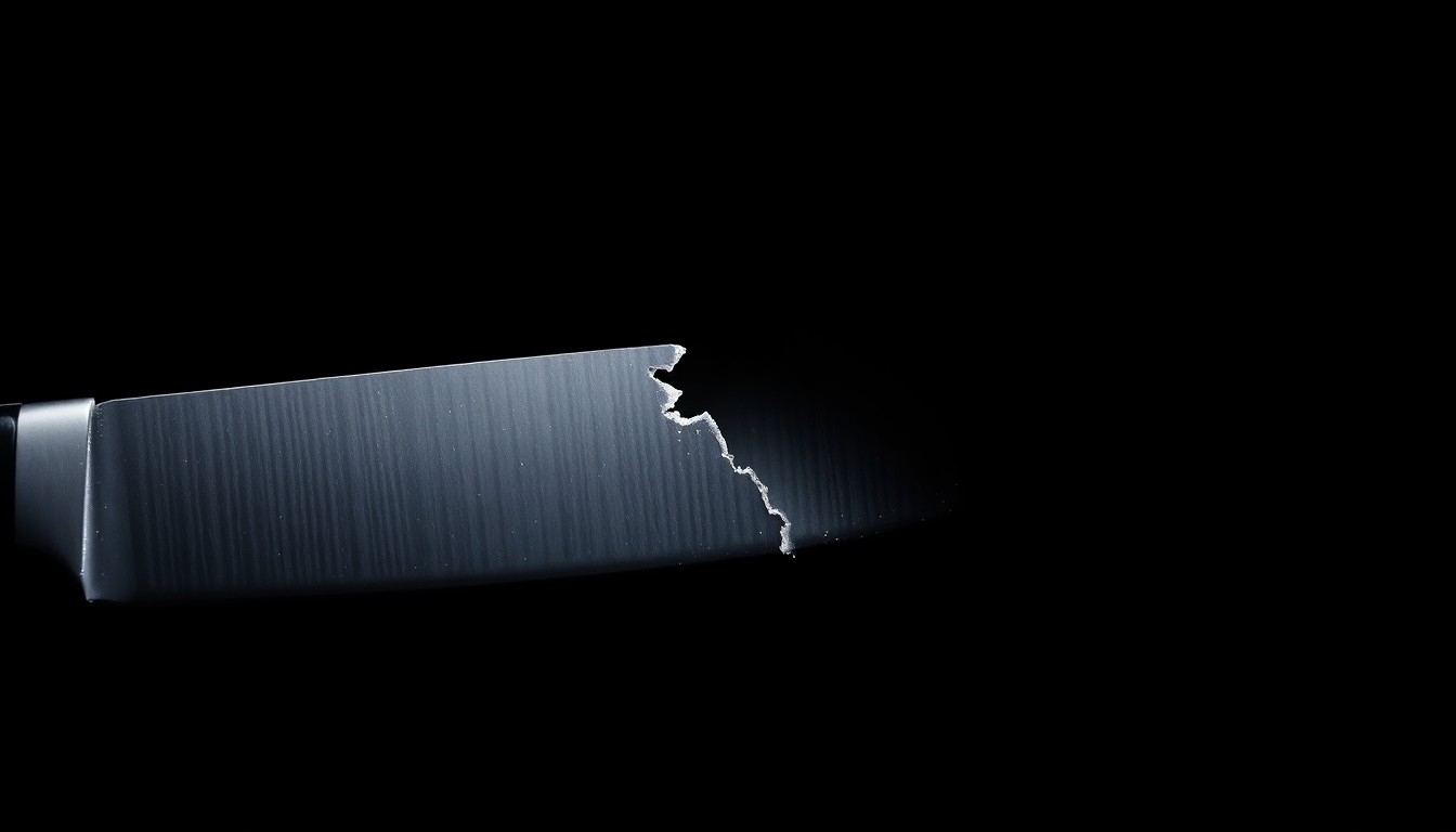 An extreme close-up of a broken kitchen knife blade reflecting a harsh, direct camera flash, conceptually representing the violent confrontation between the suspect and victim.