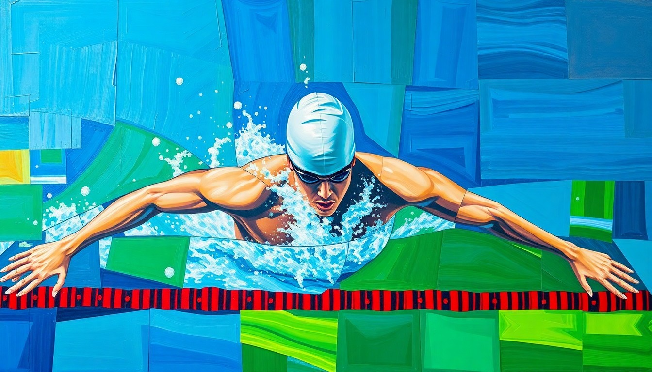 A fragmented, cubist-style painting depicting the geometric motion of a swimmer performing the breaststroke, with sharp planes of vibrant colors like blue, green, and red.